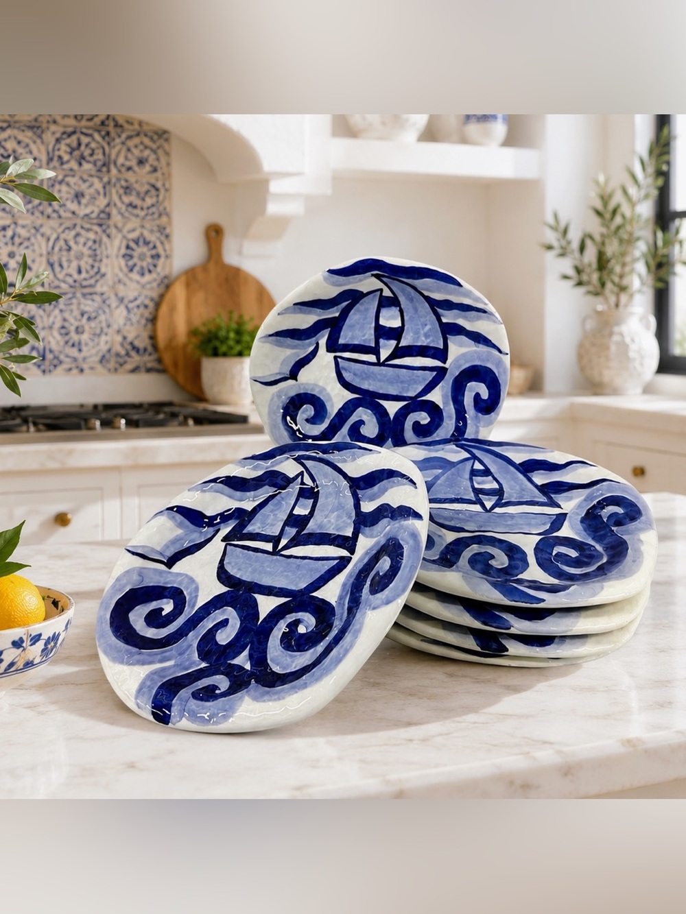 Mariposa Italy Blue Sailboat Hand Painted Coastal Art Pottery Plates  Set Of 6